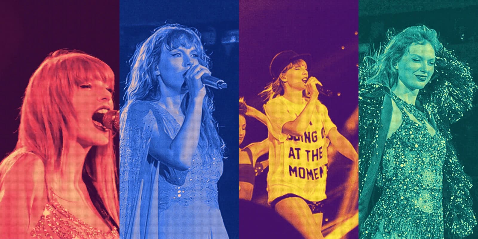 Four distinct photos of Taylor Swift performing, in coral, blue, yellow, and mint pop-art colors.
